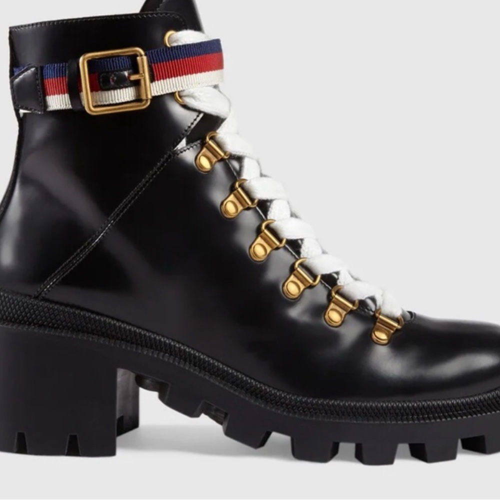 Gucci Black Leather Combat Boots with Gold and Multicolor Strap